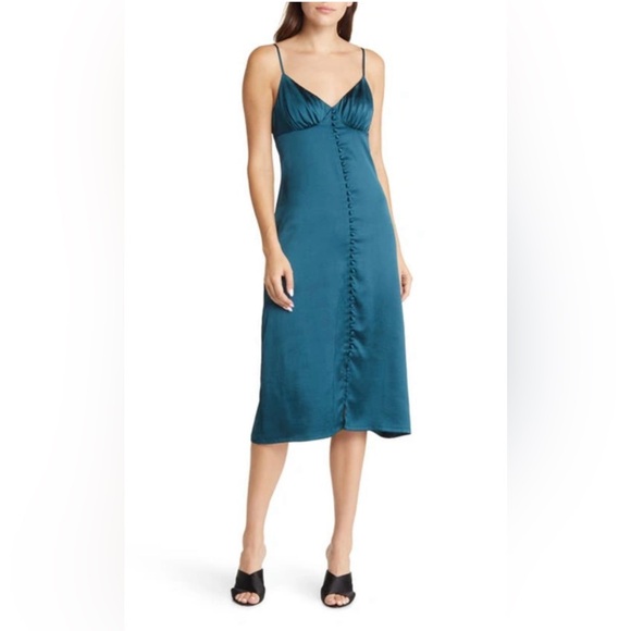 Chelsea28 Button Up Satin Slip Dress in Teal Abyss Size XL - Picture 1 of 4